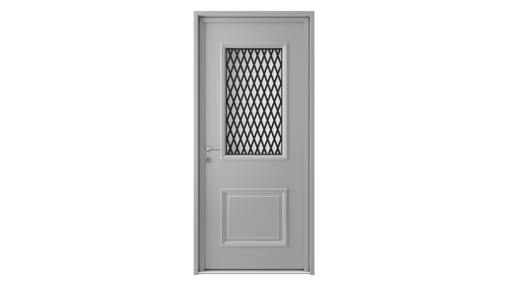 Porte d'entrée aluminium MILOS Porte d'entrée grise avec partie vitrée composée d'une grille noire